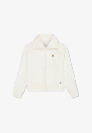 Biała kurtka na zamek z długimi rękawami, przednimi kieszeniami, kołnierzem i małym czerwono-czarnym logo na lewej piersi.