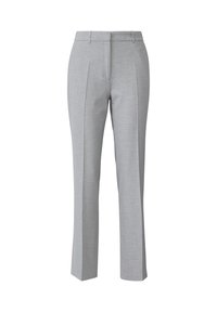 Pantalons gris ajustés en tissu texturé avec une coupe droite, présentant des plis à l'avant et une taille sans matériel visible.
