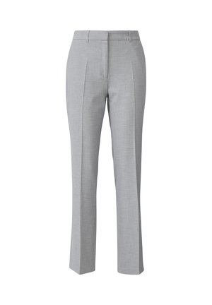 Pantalons gris ajustés en tissu texturé avec une coupe droite, présentant des plis à l'avant et une taille sans matériel visible.