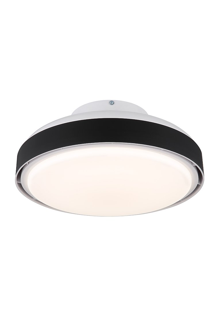 Stropní kulaté LED svítidlo s bílým difuzérem a černým lemováním, moderní a minimalistický design.