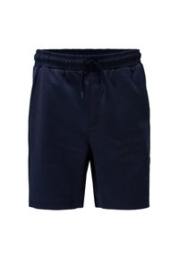 Pantalones cortos azul marino fabricados en suave tela de mezcla de algodón, con una cinturilla elástica con cordón y bolsillos laterales. Diseño liso y casual.