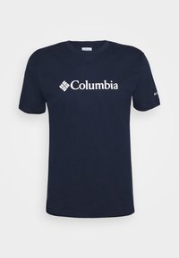 Námořnická modrá tričko s krátkým rukávem s bílým logem a emblémem "Columbia" vytištěným na hrudi a rukávu.