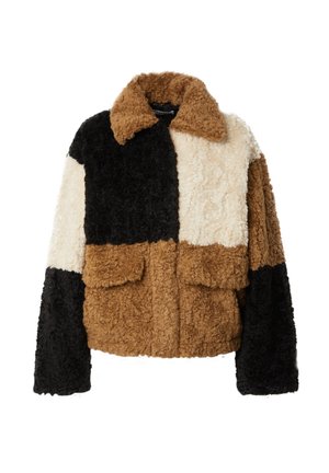 Fuzzy patchwork jacket featuring black, brown, cream, and tan colors. Includes a collar and two front pockets with a soft texture.