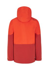 Rote und orange Kapuzenjacke mit einem Color-Block-Design; strukturierter Stoff; verfügt über verstellbare Elemente und sichtbare Markenkennzeichnung auf der Schulter.