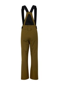 Braune wasserdichte Latzhosen mit schwarzen Trägern, einem Netzrücken und weitem Bein. Verfügt über verstärkte Einsätze am Saum für Langlebigkeit.