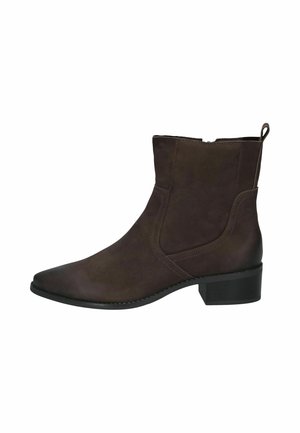 Dark brown mid-calf leather boot with low block heel, side zipper, and pull tab at the back.