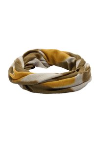 Okrągły szalik wykonany z miękkiego materiału, z mieszanką abstrakcyjnych wzorów w odcieniach żółtego, beżowego i brązowego. Gładka faktura, bez widocznych elementów metalowych.