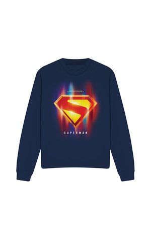 Navy blue sweatshirt with a glowing red and yellow Superman logo and the word "SUPERMAN" below it on the front.