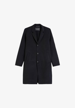 Dunkelblauer Wollmischmantel mit Reverskragen, Knopfleiste vorne, seitlichen Taschen und langen Ärmeln. Glatte Textur und klassisches Design.
