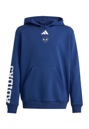 Blauwe Adidas-hoodie met voorzak, wit Adidas-logo boven een hart met ogen op de borst en "Adidas" in het wit gedrukt op de linkermouw.