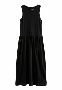 Robe noire sans manches en tissu doux, présentant une coupe décontractée, un col rond et une taille froncée qui descend jusqu'à un ourlet au niveau des genoux.