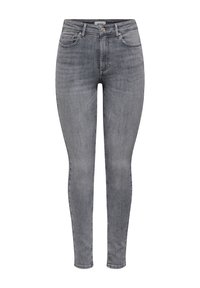 Skinny jeans van lichtgrijze denim met een klassiek ontwerp met vijf zakken, voorzien van een knoopsluiting en subtiele vervaging voor textuur.