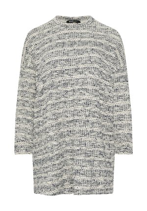 Sweter z dzianiny z długim rękawem, z teksturowanym wzorem białych i ciemnoniebieskich poziomych pasków oraz okrągłym dekoltem.