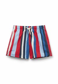 Costumi da bagno da uomo con righe verticali in rosso, blu, blu navy e crema. Vita elastica con cordoncino esterno. Tessuto in cotone.