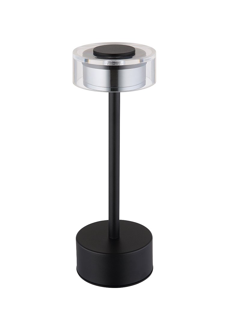 Schwarz metallene Tischlampe mit zylindrischem Fuß und transparentem zylindrischen Schirm, ausgestattet mit einem runden schwarzen Kopf und glänzenden silbernen Akzenten.