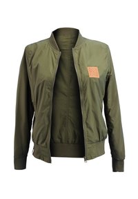 Green bomber jacket featuring a zipper front, ribbed cuffs and hem, and a tan leather patch with an emblem on the left chest.
