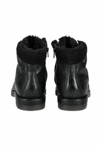 Stivaletti neri in pelle con fodera in pelliccia sintetica, dotati di chiusura a zip su ciascun lato e suole in gomma testurizzata. Design semplice e funzionale.