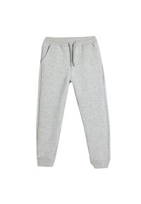Lichtgrijze joggingbroek van zachte stof, met een elastische tailleband met trekkoord, zijzakken en ribgebreide boorden.