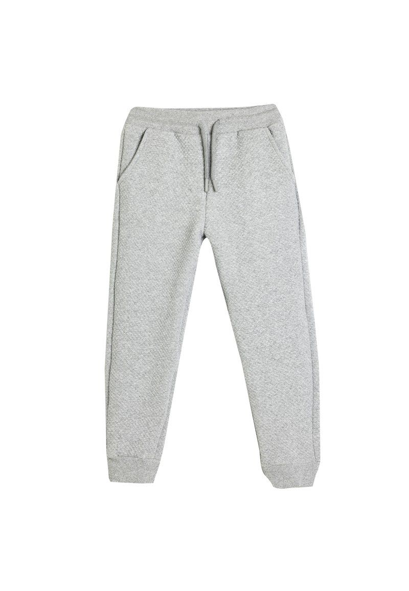 Lichtgrijze joggingbroek van zachte stof, met een elastische tailleband met trekkoord, zijzakken en ribgebreide boorden.