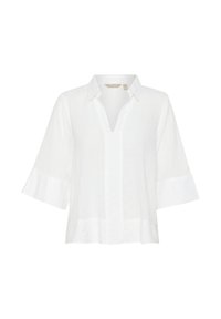 Blusa bianca a maniche corte con colletto a punta, realizzata in tessuto testurizzato e con vestibilità ampia. Caratterizzata da maniche larghe e orlo dritto.