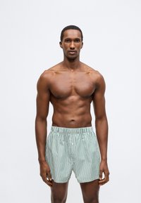 Πράσινα και λευκά ριγέ boxers με ελαστική μέση, με ομαλή υφή, φορεμένα από άνδρα μοντέλο. Ουδέτερο φόντο.