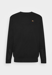 Sudadera negra de manga larga, cuello redondo y panel lateral texturizado. Presenta un pequeño logo colorido en el pecho.