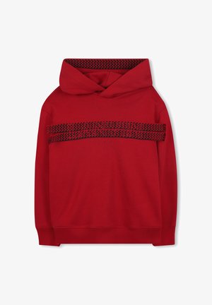 Rode pullover hoodie met een zwarte grafische streep aan de voorkant met zigzagpatronen en "PARIS" in reliëftekst, gemaakt van zacht materiaal.