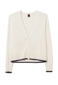 Biały długi kardigan z dekoltem w serek i długim rękawem, z trzema guzikami, prążkowanymi mankietami i dołem, z cienkimi czarnymi i niebieskimi paskami.