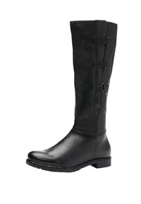 Bota alta negra de cuero hasta la rodilla con punta redonda, textura lisa y tres hebillas decorativas en el lateral. Suela de goma para mejor tracción.