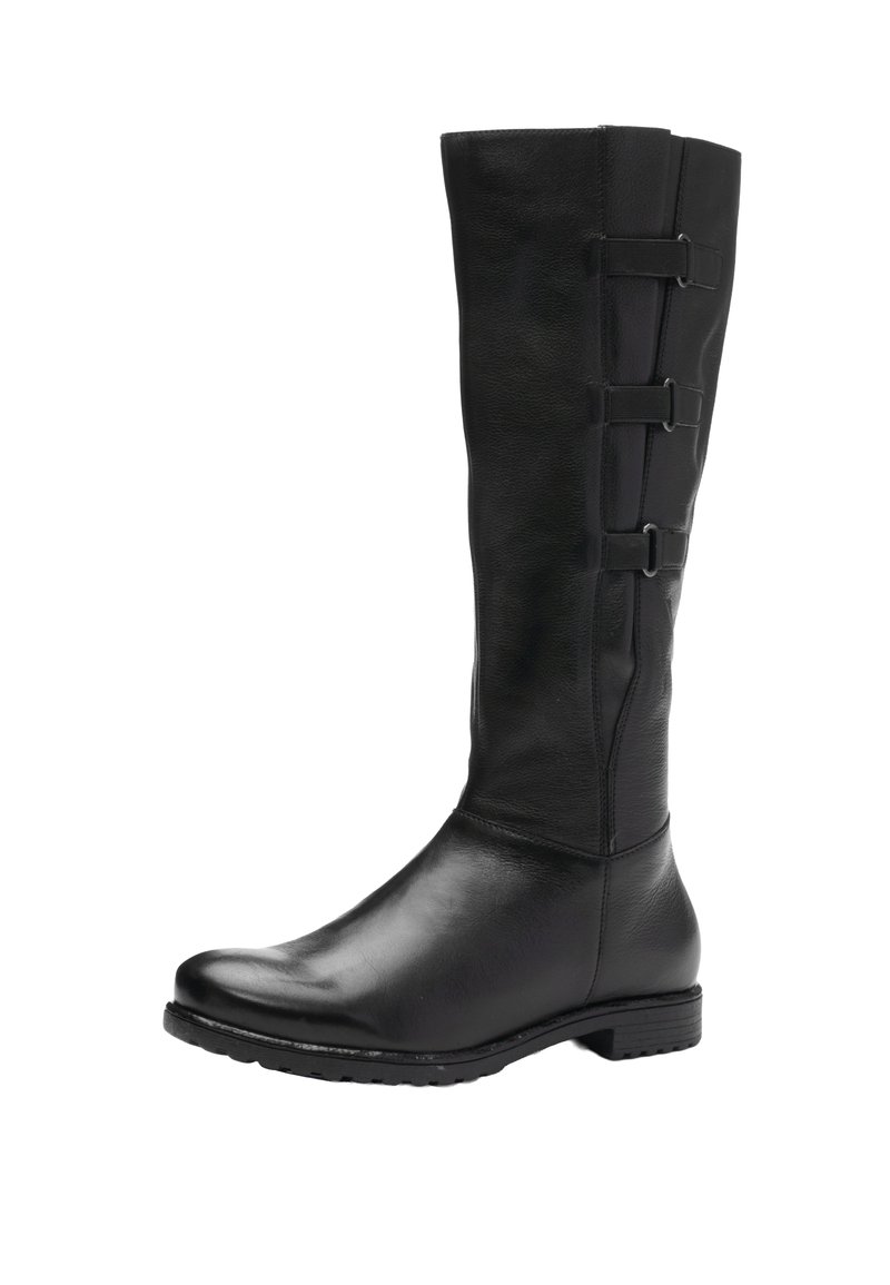 Bota alta negra de cuero hasta la rodilla con punta redonda, textura lisa y tres hebillas decorativas en el lateral. Suela de goma para mejor tracción.