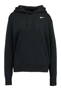Svart Nike-hoodie med framfickor, dragsko i huvan och vit Nike-swoosh-logotyp på övre vänstra br östet.
