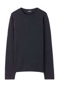 Schwarzer Langarmpullover aus weichem Stoff mit Rundhalsausschnitt und lässiger Passform mit geradem Saum. Minimalistisches Design ohne Muster.