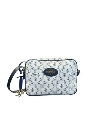 Rechteckige Umhängetasche mit blau-weißem Schachbrettmuster, navyblauem Riemen und metallischem Reißverschlussanhänger in Form eines Vogels.