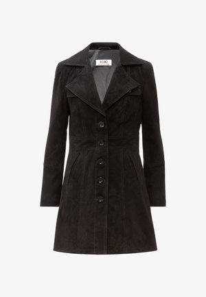 Black suede long-sleeve coat with wide lapels, button front closure, flap pockets, and fitted waist design.