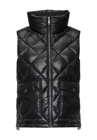 Schwarze gesteppte Weste mit hohem Kragen, Frontreißverschluss, zwei vorderen Taschen und glänzender Oberfläche. Verfügt über ein diamantenförmiges Muster und strapazierfähiges Material.