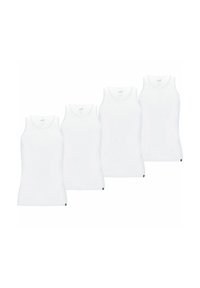 Four white sleeveless undershirts with round necks, arranged side by side on a plain white background.