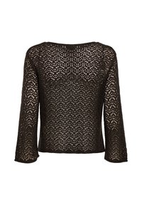 Haut noir à manches longues en crochet avec un motif ajouré délicat et des bords festonnés, vu de dos sur fond blanc.