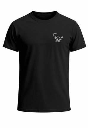 Schwarzes Baumwoll-T-Shirt mit einer weißen Umrandung eines Dinosauriers im linken Brustbereich, Rundhalsausschnitt, kurzen Ärmeln und klassischer Passform.