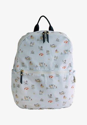 Rucsac alb cu model de înotători animale din desene animate, bărci cu pânze, colaci de salvare și rățuște de cauciuc, buzunar frontal cu fermoar și mâner negru.