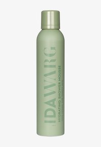 Grön cylindrisk flaska med matt yta, märkt "IDAWARG Hydrating Shower Mousse," 200 ml, med fet typografi.