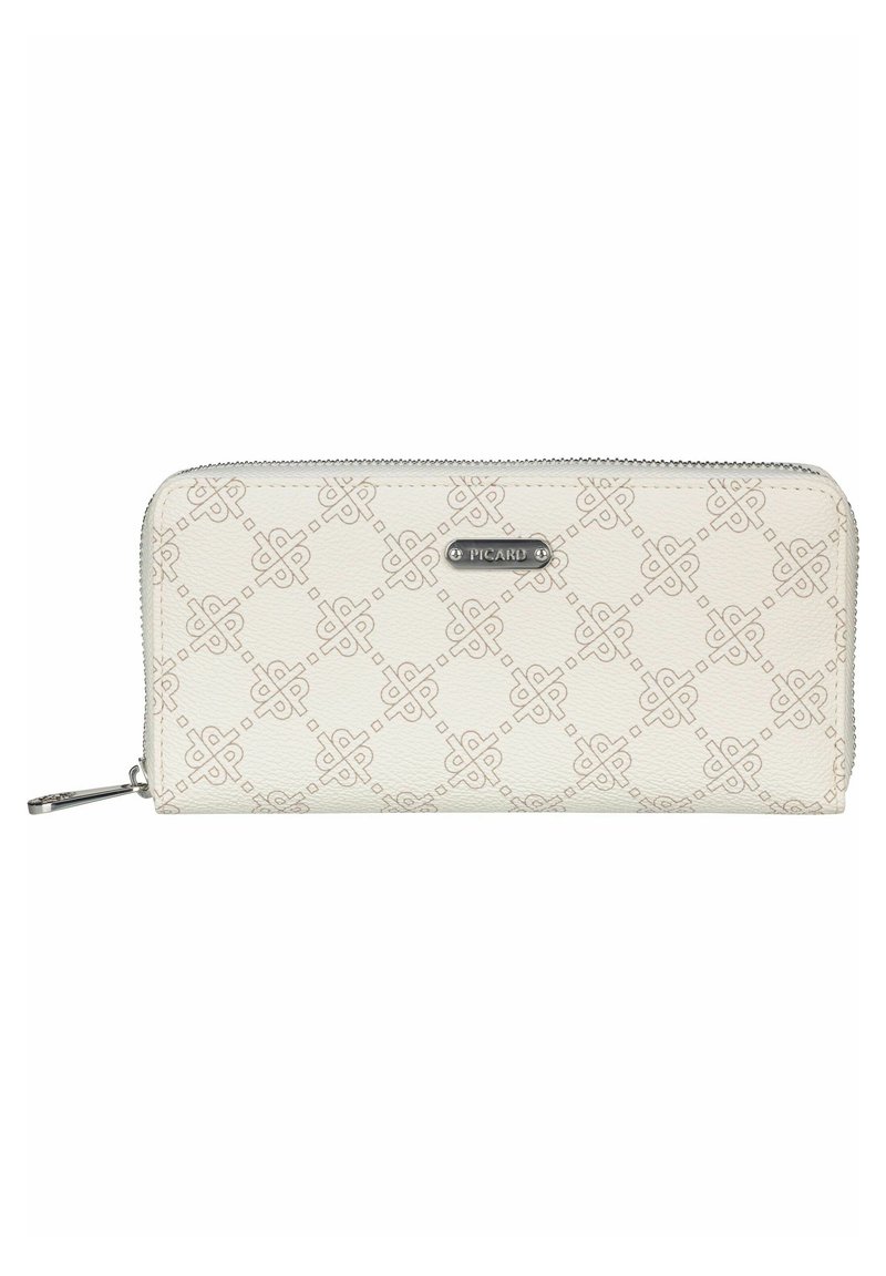 White textured wallet featuring a geometric pattern, a silver-tone hardware logo, and a zip-around closure for secure storage.