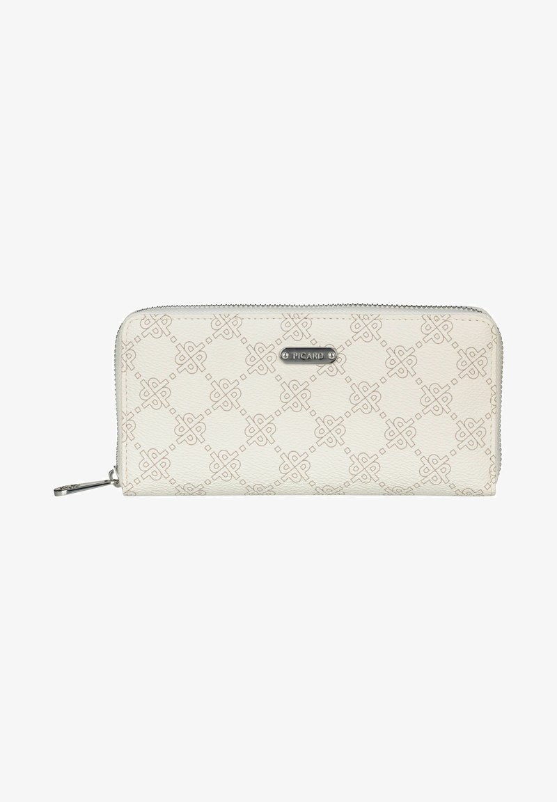 White textured wallet featuring a geometric pattern, a silver-tone hardware logo, and a zip-around closure for secure storage.