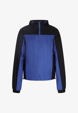 Blau und schwarze Zip-Jacke mit Kapuze, featuring ein geteiltes Farbdessin, elastische Bündchen und Seitentaschen. Hergestellt aus leichtem Material.