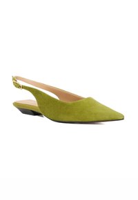 Green suede slingback flats with a pointed toe and a small heel, featuring a cutout design and buckle detail on the ankle strap.