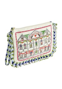 Audinio delninė su spalvinga pastato iliustracija, žalia ir mėlyna languota apdaila bei auksine užtrauktuku. Yra riešo dirželis.