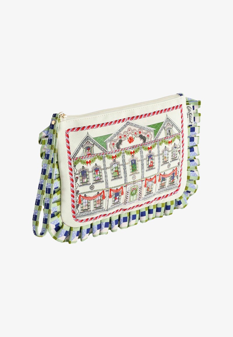 Audinio delninė su spalvinga pastato iliustracija, žalia ir mėlyna languota apdaila bei auksine užtrauktuku. Yra riešo dirželis.