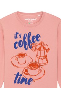 Sweatshirt rose avec le texte "c'est l'heure du café" en bleu et orange, accompagné d'une illustration de cafetière et de tasses dans un style esquissé.