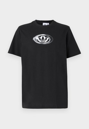 Musta puuvillainen T-paita, jossa on lyhyet hihat ja pyöreä pääntie, etupuolella valkoinen logo ovaalimuodossa.