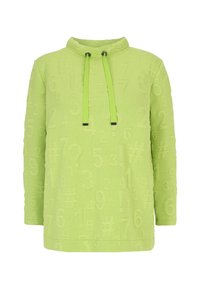 Grüner Hoodie mit einem strukturierten Muster aus Zahlen und Symbolen, mit hohem Kragen und Kordelzug. Der Stoff scheint weich und gerippt zu sein.