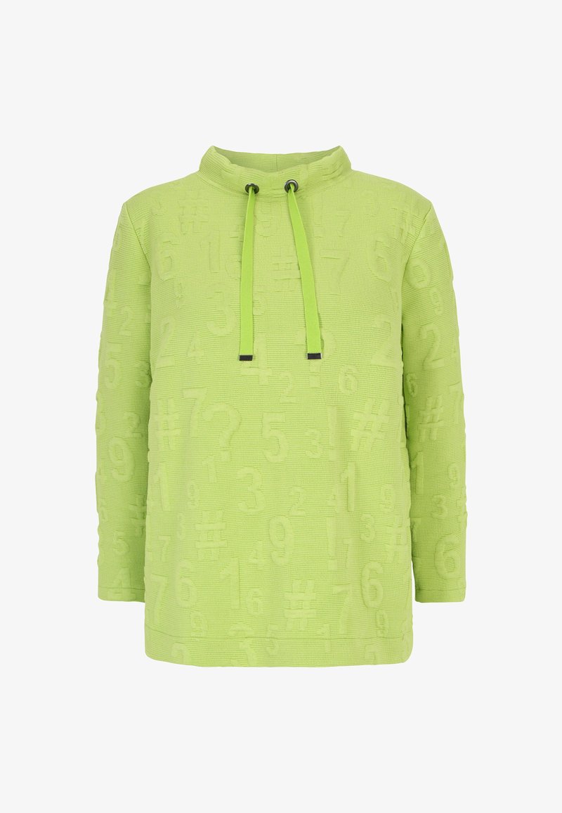 Grüner Hoodie mit einem strukturierten Muster aus Zahlen und Symbolen, mit hohem Kragen und Kordelzug. Der Stoff scheint weich und gerippt zu sein.